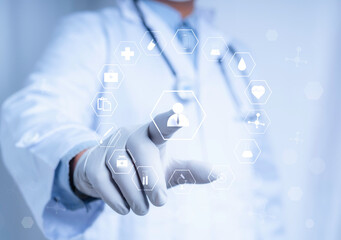 Doctor touch virtual screen with white icon medical on white background, medical technology network...