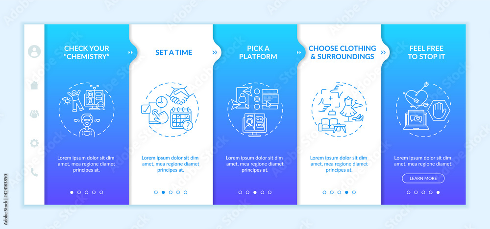 Poster video dating tips onboarding vector template. responsive mobile website with icons. web page walkthr