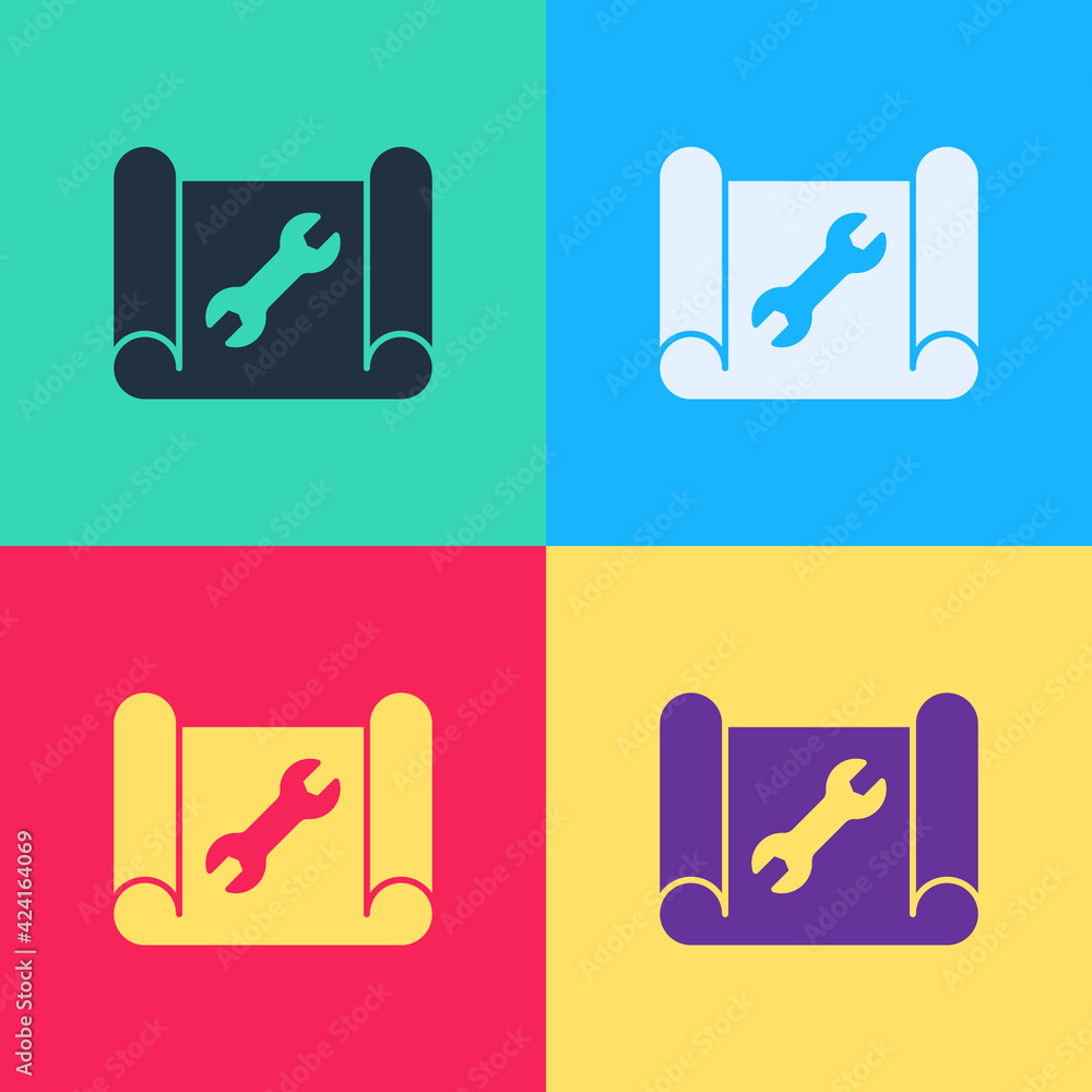 Poster pop art graphing paper for engineering and wrench icon isolated on color background. vector