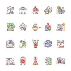 Air pollution RGB color icons set. Fighting pollution disaster problems. People damaging own home planet environment. Humanity problem. Isolated vector illustrations