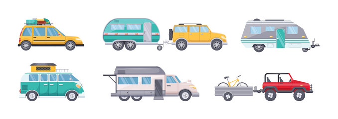 Camping caravan cars for travel adventure. Camper, motorhome, van, home family car, camping trailer transport recreational vehicle. Tourism transport for holiday trip, nature vacation cartoon