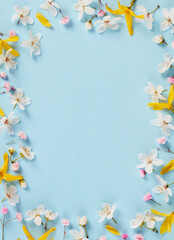 White, yellow and pink spring flowers frame
