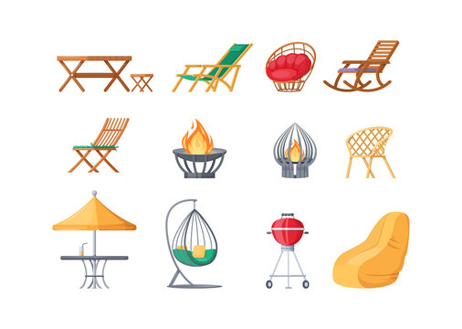 Garden outdoor furniture set. Swing bench seat, bag rocking chair, table with umbrella, hanging hammock, gazebo, fireplaces, barbecue grill, gazebo tent. Furniture for rest relaxation