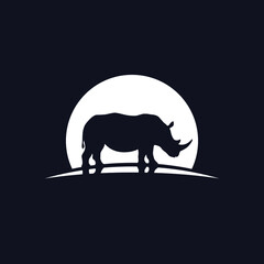 Rhino graphic icon. Rhinoceros sign in the circle isolated on black background. Wildlife symbol. Vector illustration