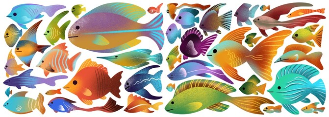 Colorful big set of marine life, abstract tropical fishes. Modern textured illustration isolated on white background. Can be use for poster, icons, banner, print, textile, card, children’s book