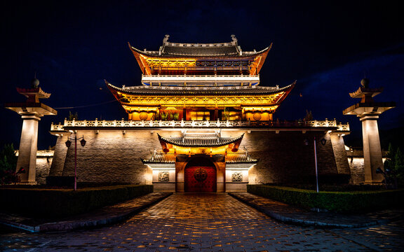 Dali old town Wenxian tower illuminated at night Dali Yunnan China