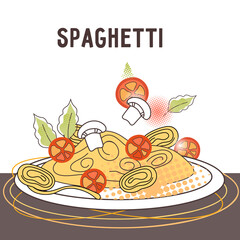 Banner or poster with plate of cooked spaghetti, flat cartoon vector illustration. Italian spaghetti or pasta dish with tomato and mushroom. Hand drawn image for pack and menu.