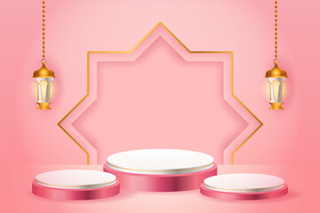 3d product display pink and white podium themed islamic with gold lantern for ramadan