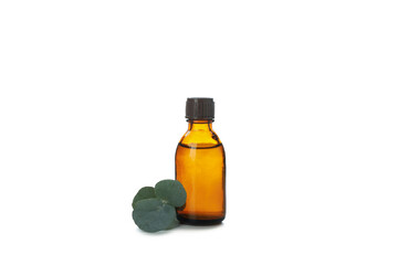 Eucalyptus essential oil in brown bottle isolated on white background
