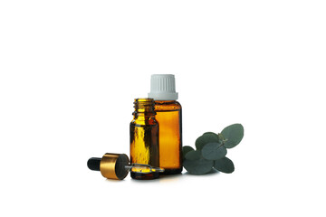 Eucalyptus essential oil in dropper bottles isolated on white background