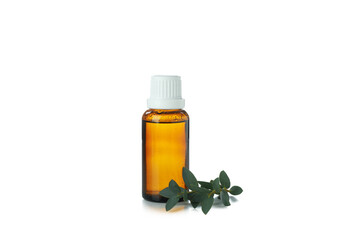 Eucalyptus essential oil in brown bottle isolated on white background