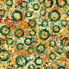 Seamless pixel motley pattern. Green rings on a colorful background. Editable.