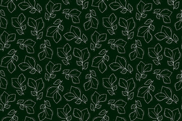 Seamless repeating pattern with four broad leaves. Contour white objects on a dark green.