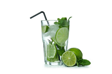 Glass of mojito cocktail and ingredients isolated on white background