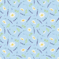 White daisy seamless pattern. Watercolor Butterfly lavender background