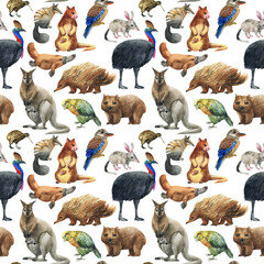 Wild watercolor hand painting pattern with animals. Repeating background. Koala.
