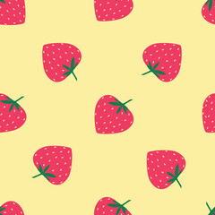 Summer pattern with strawberries on a soft yellow background