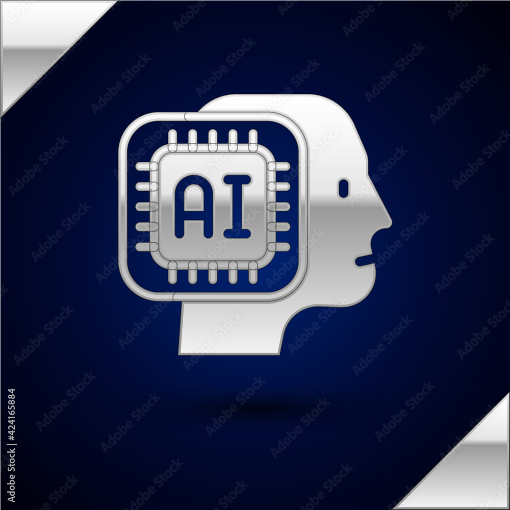 Poster silver humanoid robot icon isolated on dark blue background. artificial intelligence, machine learni