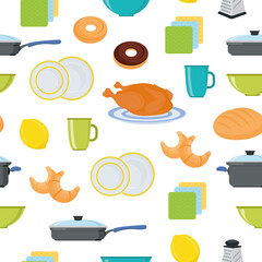 Seamless pattern. Dishes and cutlery. Food and drinks. Kitchen utensils. Textiles. Seamless background. Vector illustration
