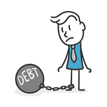 Stick man with debts. Concept of businessman chained to a crisis economic future