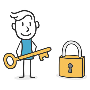 Stick man with a key and padlock. Concept of man who has the solution of a problem