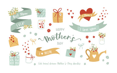 Lovely hand drawn Mother's Day doodle elements, flowers, banderole, lettering and decoration, great for print products, cards, invitations, banners - vector design