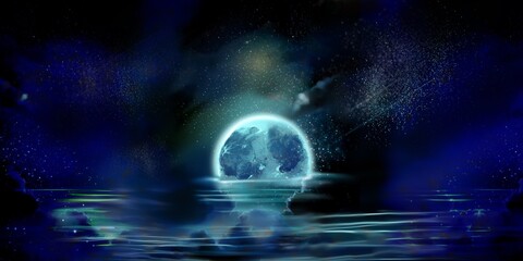 Panorama’s illustration of the blue full moon melting in the night sea	