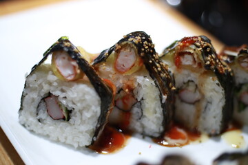 Sushi rolled sliced fish eggs also known as tobiko, masago, ikura