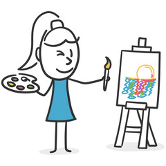 Painter stick woman. Concept of woman capable of expressing her emotions on a canvas