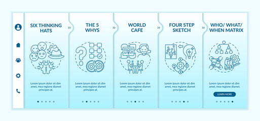 Naklejka premium Problem solving methods onboarding vector template. Responsive mobile website with icons. Web page walkthrough 5 step screens. Creative thinking color concept with linear illustrations