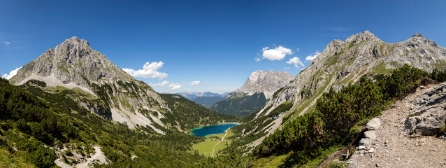 Naklejka na ściany i meble Panorama view of Seebensee lake and Zugspitze mountain in Tyrol, Austria