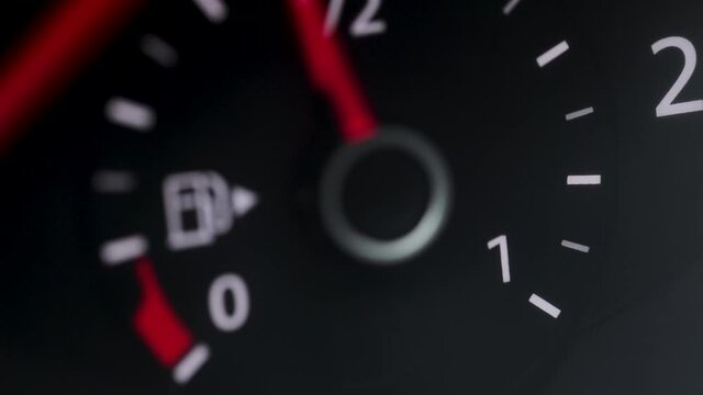 Fuel Level Sensor In The Car. Full Tank Truck. Fuel Gauge Car Dashboard Show Fuel Empty To Full. Close Up Gasoline Meter On Black Background. Full Tank Of Gas For Long Distance Drive Concept