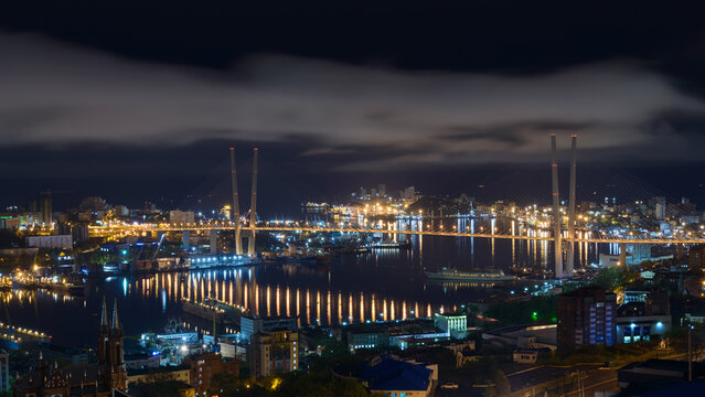 Vladivostok cityscape view. NIght skyline.