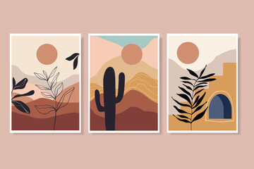 Abstract landscape posters, decorative wall art with desert, stairs, sun, plants, geometric shape, contemporary design © lilett