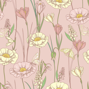 Pink Seamless Pattern With Wildflowers