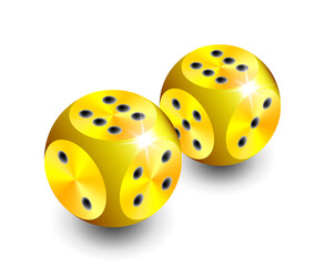 3d happy golden spherical dice with shadows on isolated white background