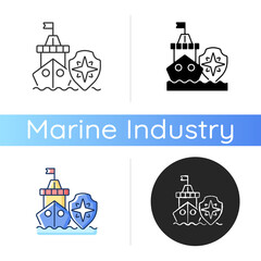 Maritime security icon. Marine environment protection. Preventing maritime terrorism, trafficking, piracy. National security. Linear black and RGB color styles. Isolated vector illustrations