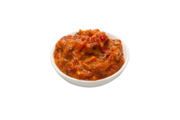 Vegetable stew in a bowl isolated on white background.