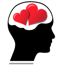 Head silhouette with two red hearts vector illustration. People thinking about love concept design isolated on white.
