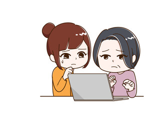 パソコンを前に困る女性二人