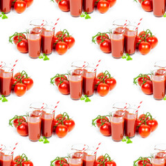 Tomato juice and tomatoes repeat seamless pattern on white background.