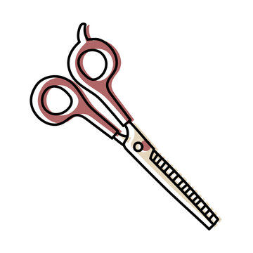 Thinning scissors. Hairdressing equipment line sketch. Professional hair dresser tool. Hand drawn doodle icon. Vector illustration. Barber symbol
