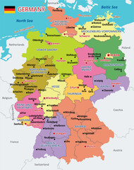 Fototapeta na wymiar Vector Map of Germany with detailed Administrative divisions and borders, City and Region Names and international bordering countries in bright colors palette