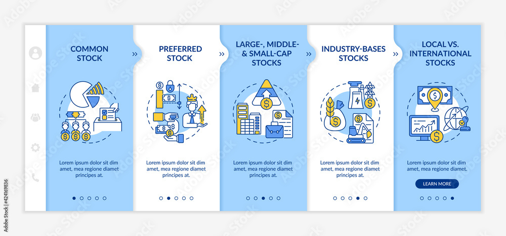 Poster investment stocks types onboarding vector template. responsive mobile website with icons. web page w