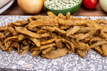 Vegetarian Shawarma meat imitation made from grains, soybeans, vegetables and legumes