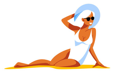 Pretty woman on the beach - Bright girl in swimsuit, holding hat with hand, smiling. Concept of beach, resort, recreation and summer time. One piece swimsuit, sunglasses, straw hat, long hair, blonde.