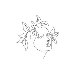 Woman Head with Flowers Line Vector Drawing. Style Template with Female Face with Flowers. Modern Minimalist Simple Linear Style. Beauty Fashion Design