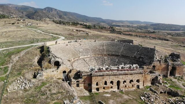 Top view of the theater of Hierapolis in Pamukkale. Turkey . High quality 4k footage
