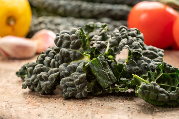 Cooking with black flat leaves of cavolo nero tuscan cabbage