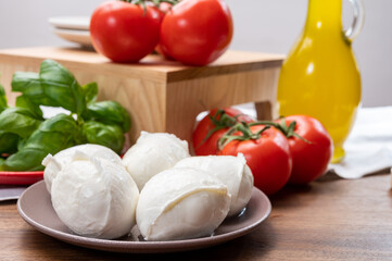 Cheese collection, small fresh white soft mozzarella cheese balls served with red tomatoes and fresh green basil from Italy